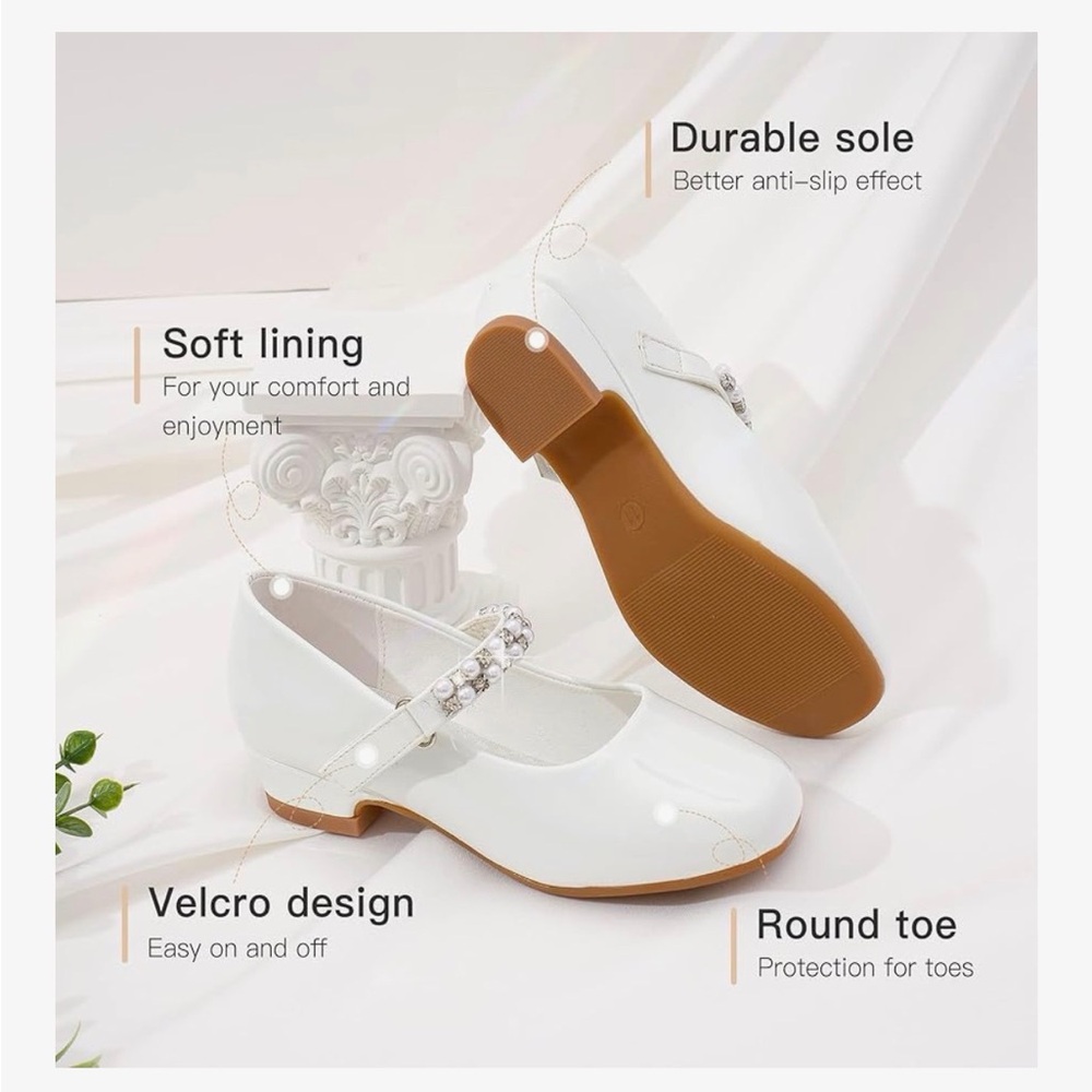 Elegant White Kids Shoes with Pearl Strap, low heel - Picture 4 of 9